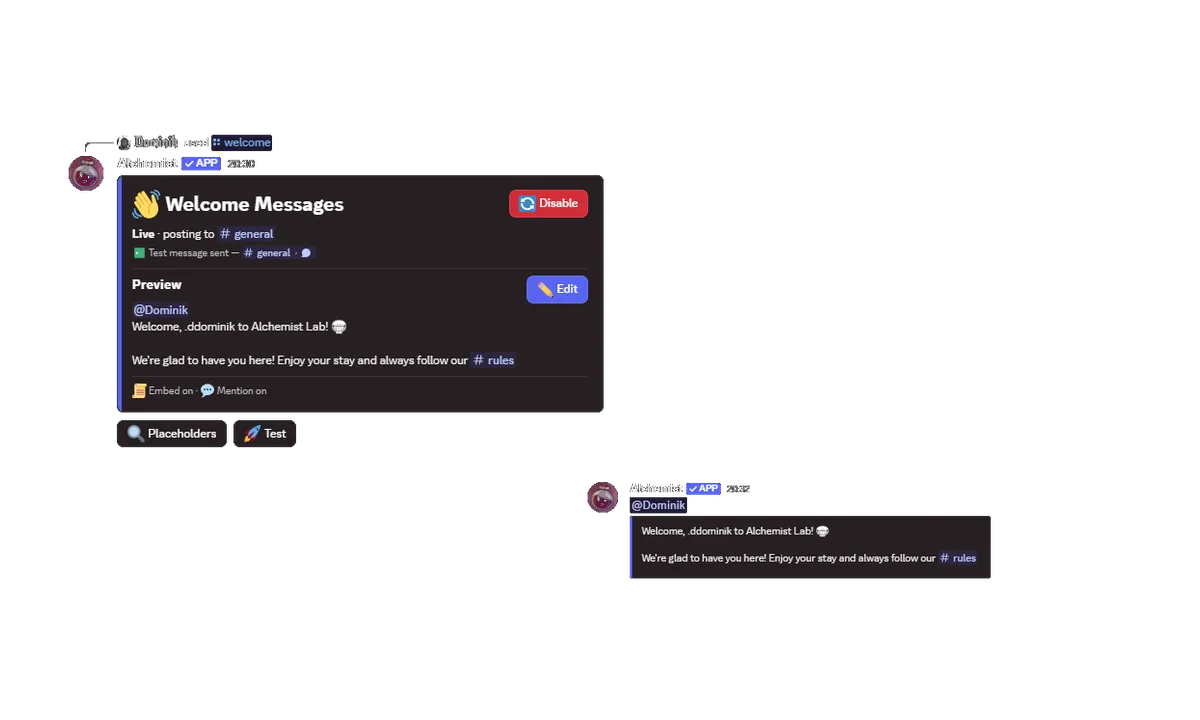The Welcome Messages setup panel in Discord with its live preview, and the welcome message Alchemist posts when a member joins