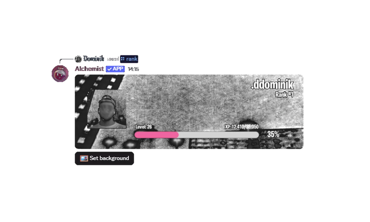 A rank card generated by Alchemist showing a member's level, XP progress and position on the leaderboard