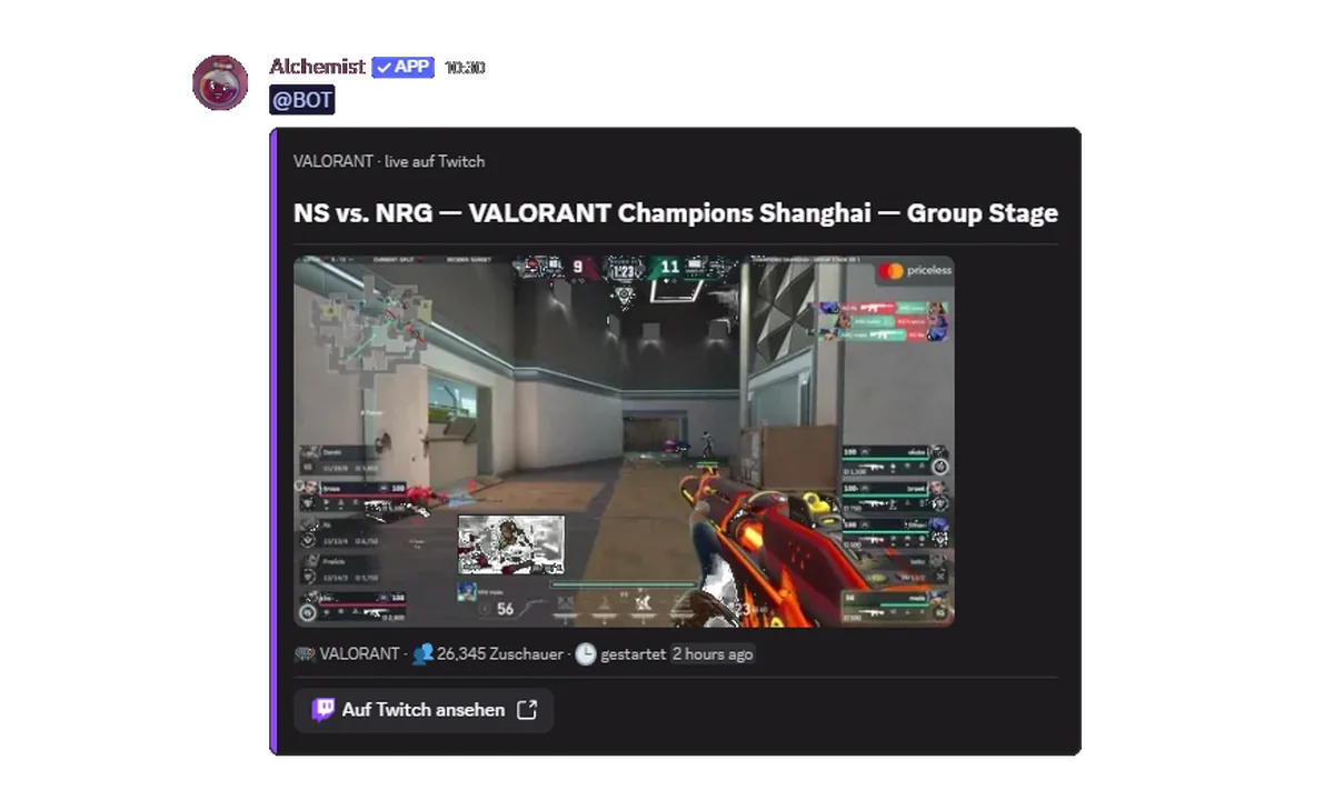Alchemist posting a Twitch go-live card in a Discord channel, with the stream title, a preview and a Watch button