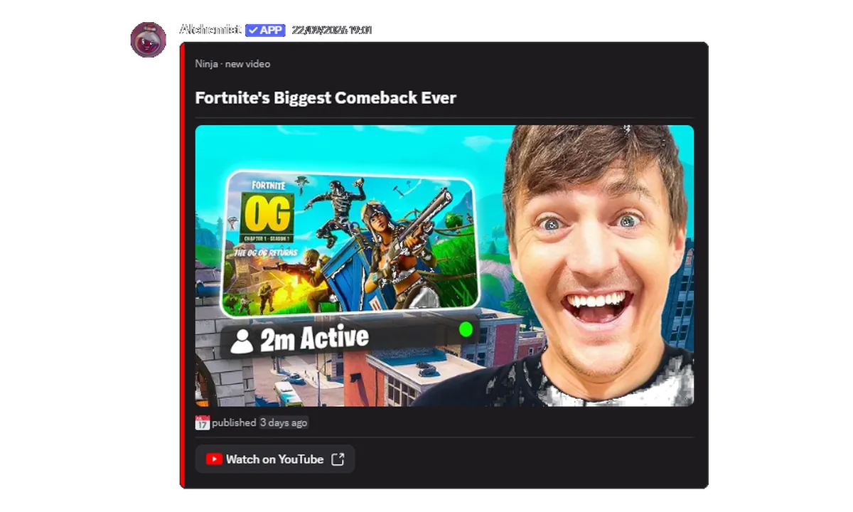 Alchemist announcing a new YouTube upload with the video title and thumbnail