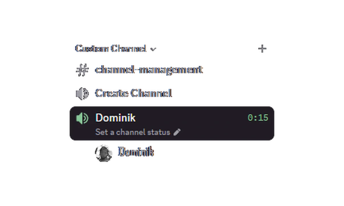 A Discord channel list with the Create Channel join-to-create entry and, right under it, the temporary voice room Alchemist created for the member who joined